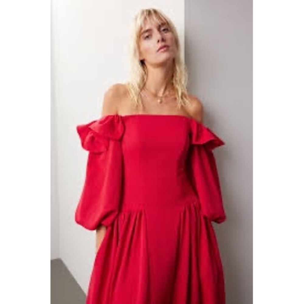 Zac Posen Red Off The Shoulder Puff Sleeve Maxi Dress Size 2 - Picture 3 of 13